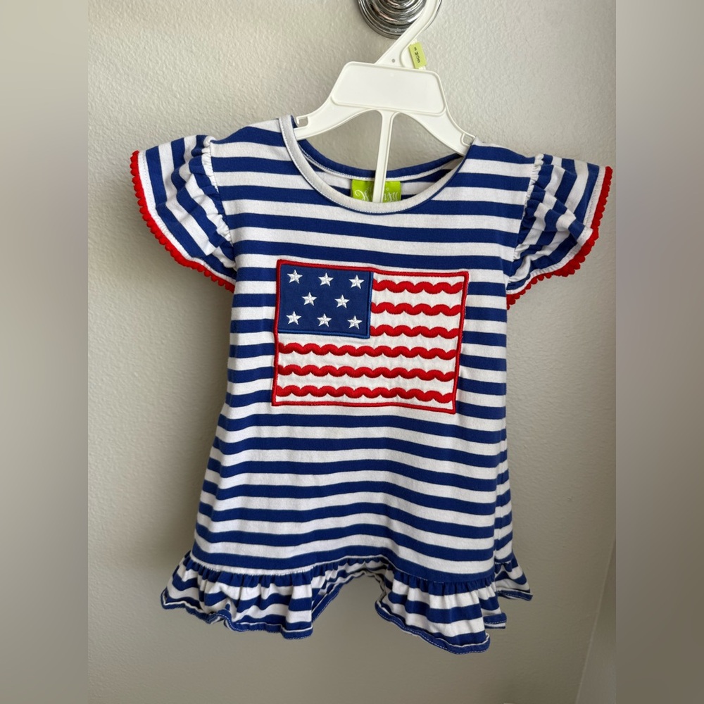 Patriotic Blue and Red Flag Short Sleeve Tee Set with Ruffled Shorts 4T